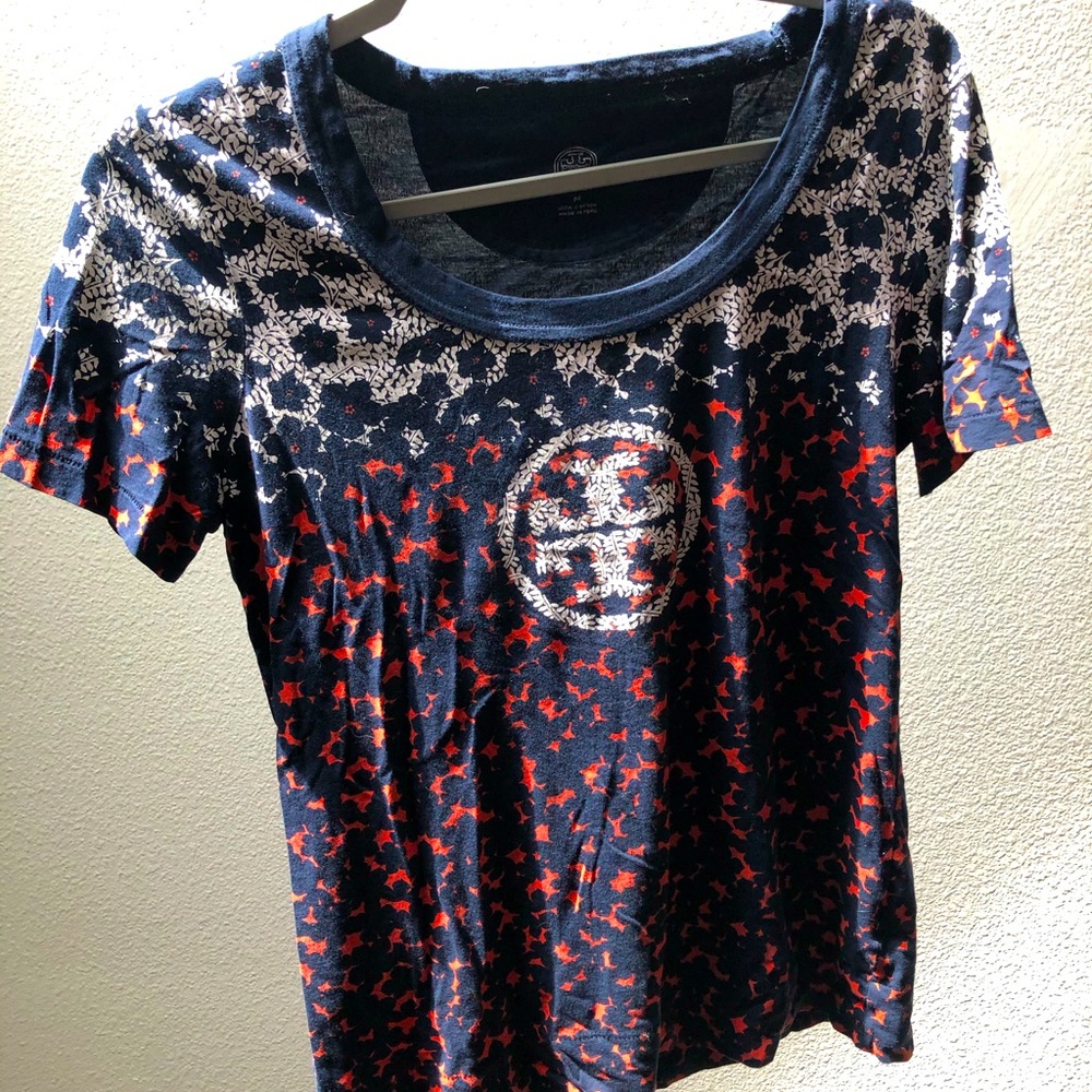 Tory Burch Orange and Navy Floral Logo Top